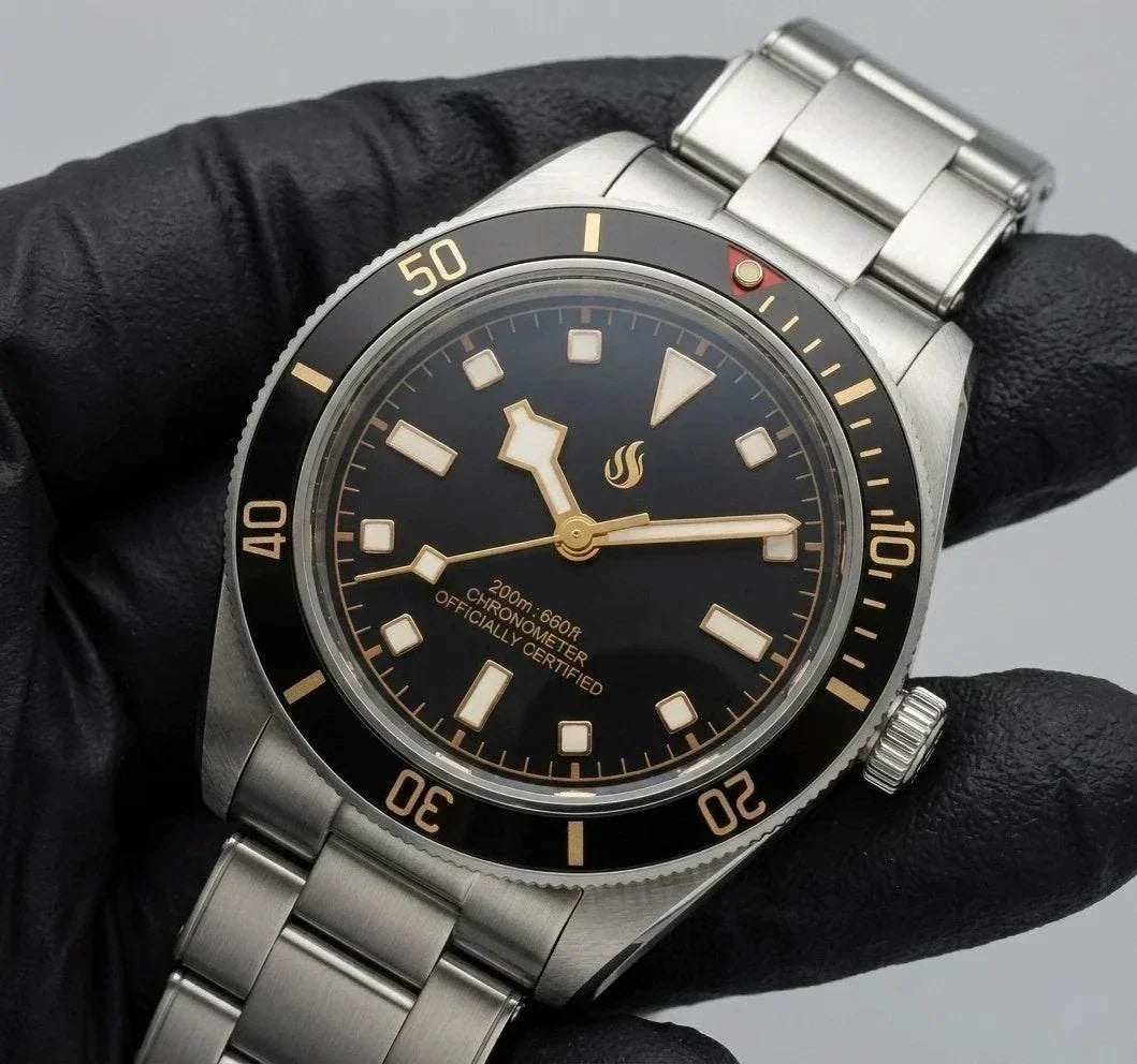 Seiko Mod Watch Pelagos Black Bay Vintage Black Gold Dial Diver - Modtime Creations