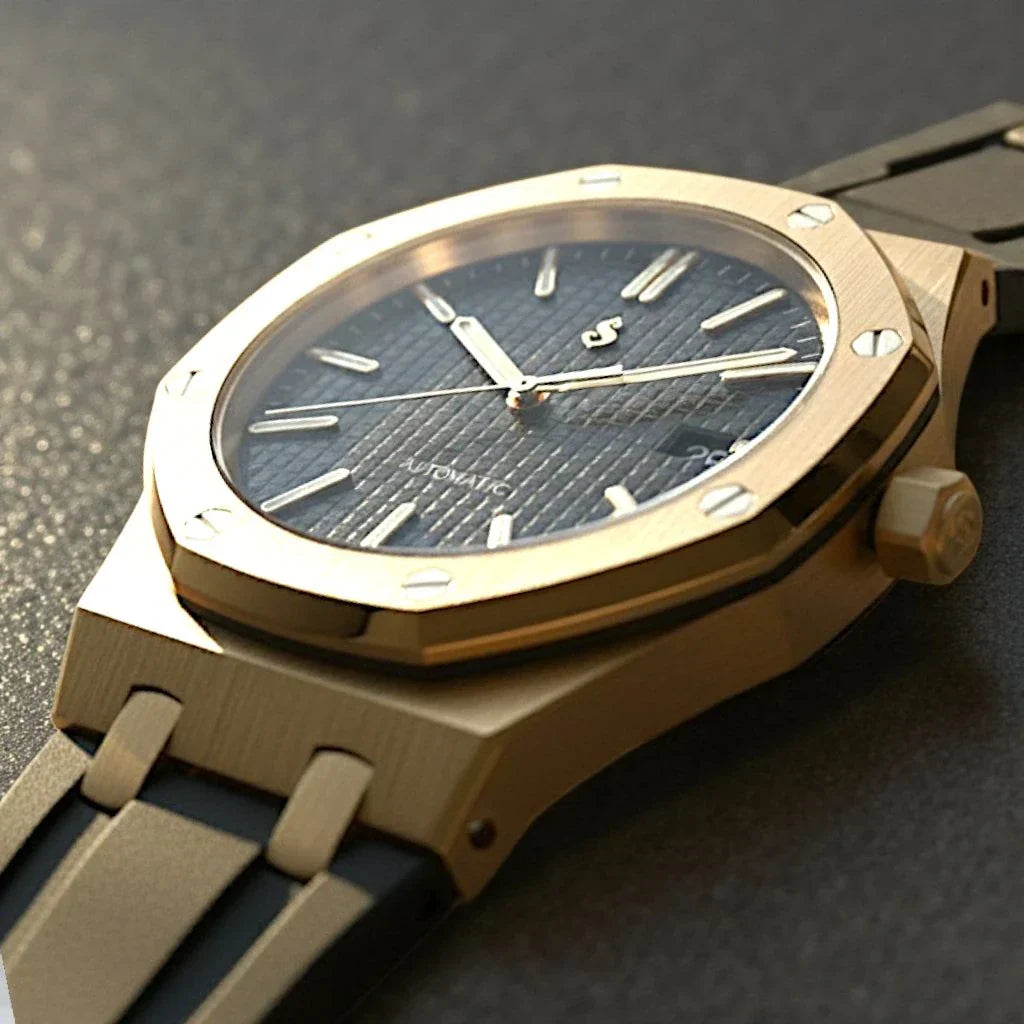 Seiko Mod Heritage Oak gold watch with black dial and stainless steel bracelet