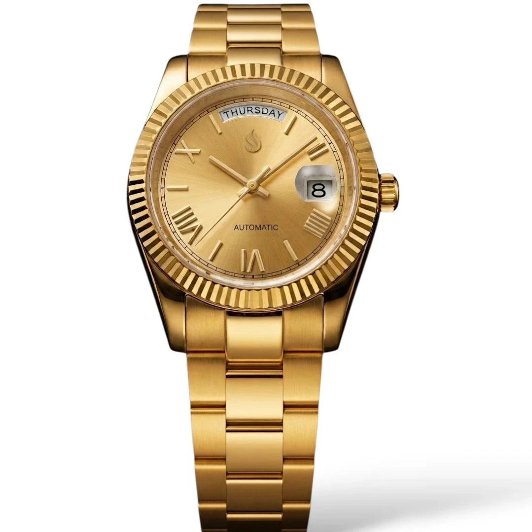 Modded Seiko Daydate watch with gold Roman numerals, day and date display, and sapphire crystal dial by Modtime Creations 