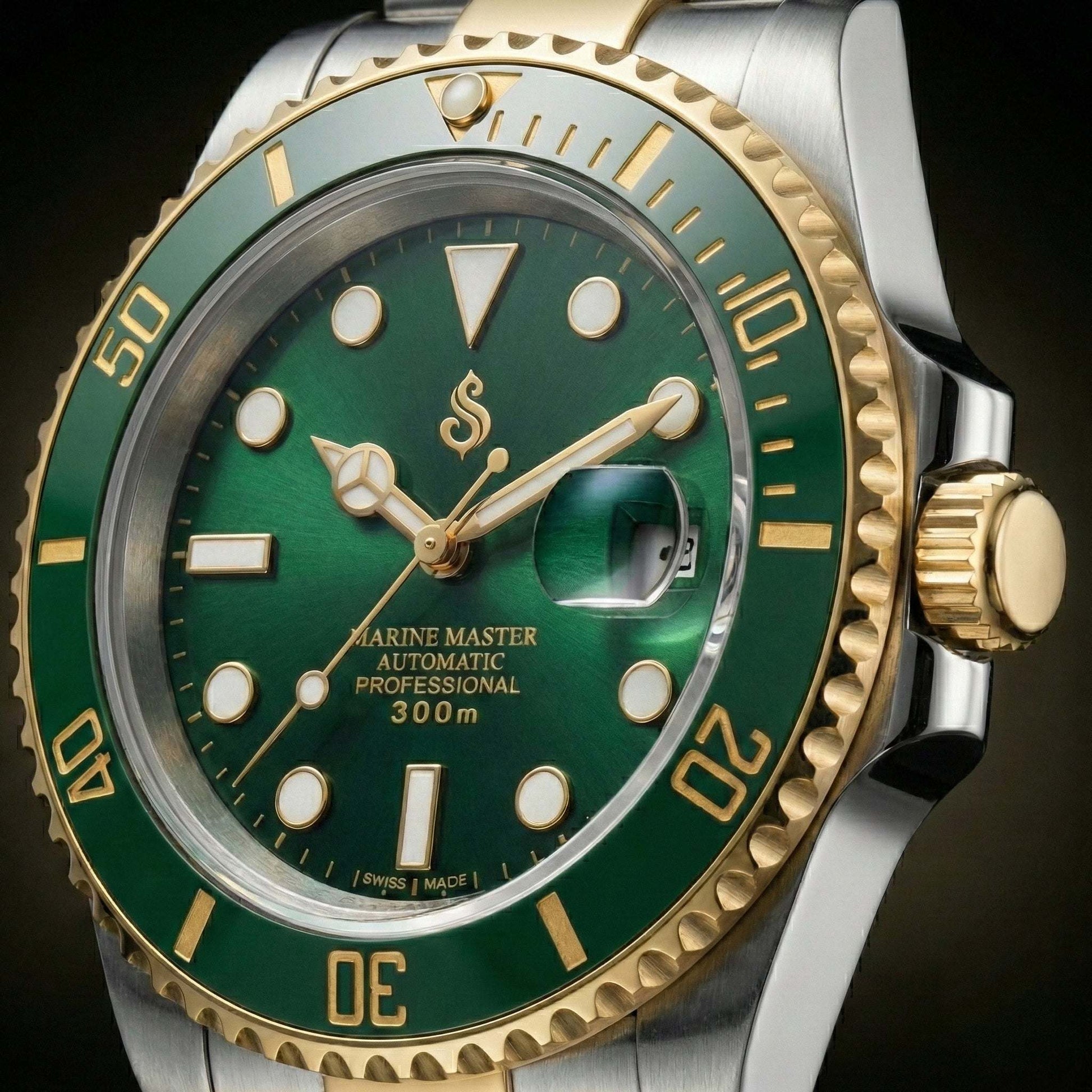 SeikMariner two-tone green gold Seiko Mod luxury diver watch with NH35 automatic movement and sapphire crystal