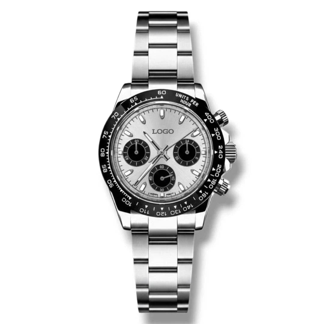 Seitona Silver Black Dial Seiko Mod chronograph watch with stainless steel bracelet