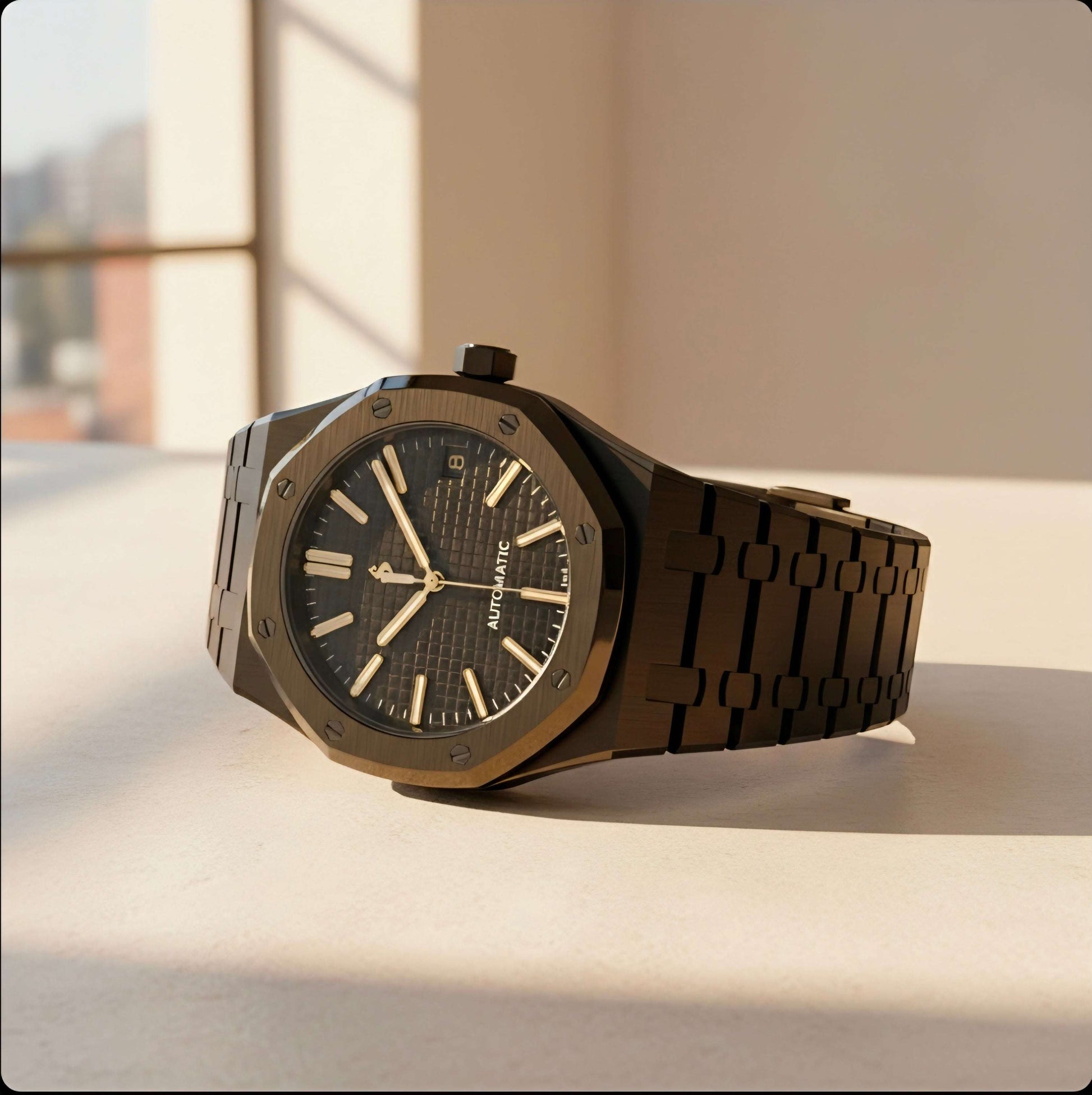Seiko Mod Heritage Oak watch with black dial and stainless steel case by Modtime Creations