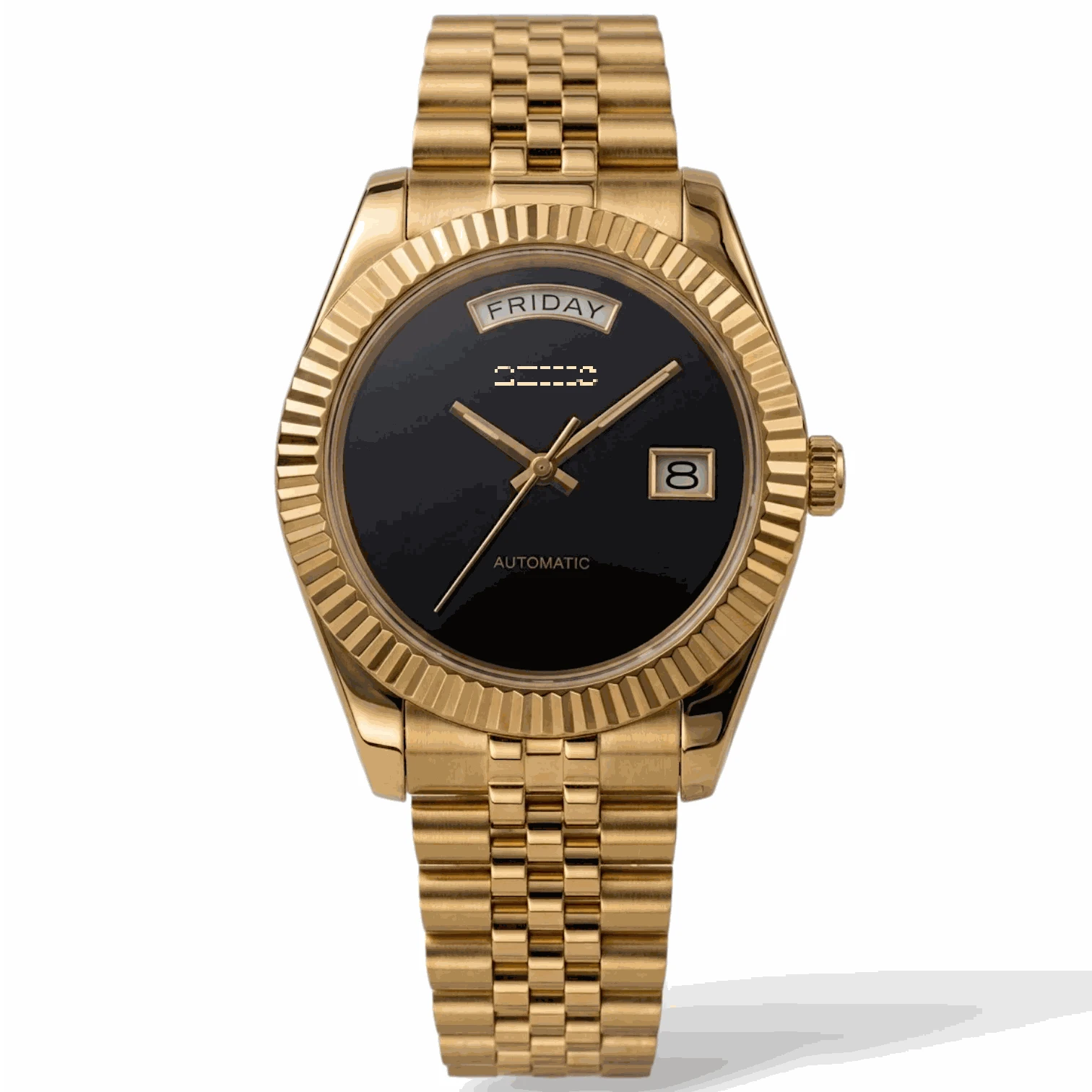 Modtime DayDate Seiko Mod luxury watch in black and gold with Miyota 8285 movement