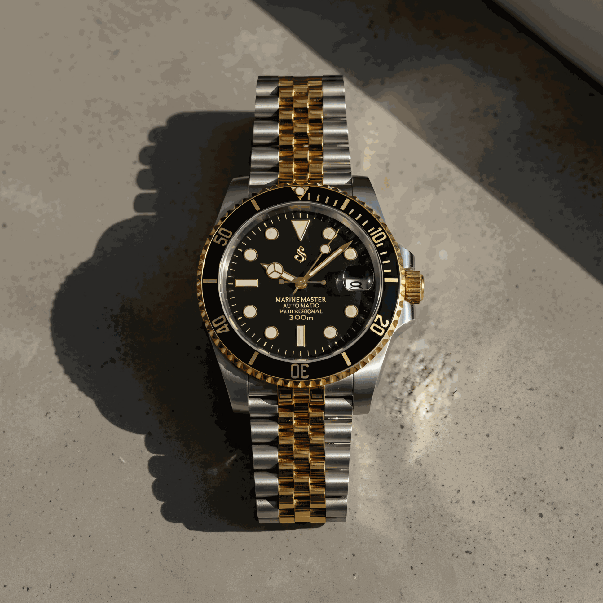 SeikMariner Black Gold two-tone Seiko Mod luxury diver watch with NH35 movement and sapphire crystal