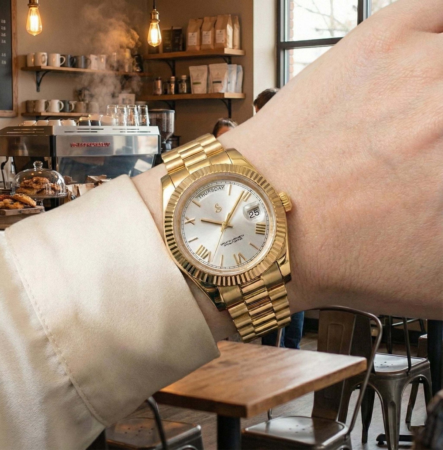 Modded Seiko luxury watch with white Roman numerals and gold accents, featuring day and date display by Modtime Creations