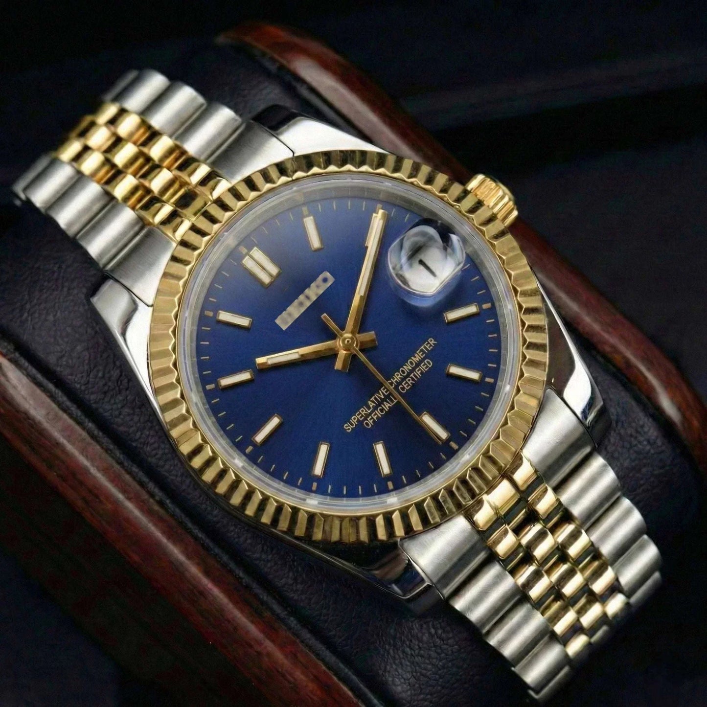 Seiko Mod two-tone blue dial watch with date window by Modtime Creations