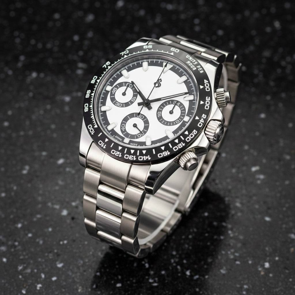 Seitona White Seiko Mod watch with black dial and stainless steel case by Modtime