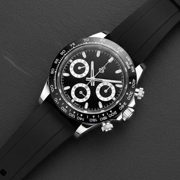 Seitona Black Panda dial Seiko Mod stainless steel chronograph watch with sapphire crystal and ceramic bezel