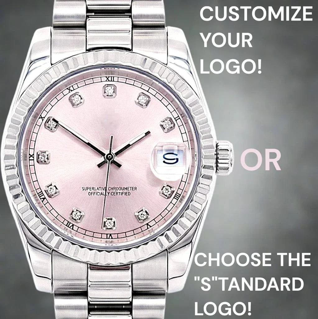 Seiko Mod timepiece with pink gem dial and date window by Modtime Creations