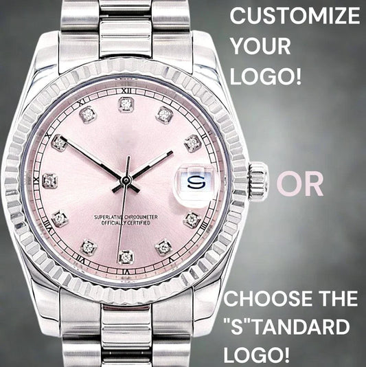 Seiko Mod timepiece with pink gem dial and date window by Modtime Creations