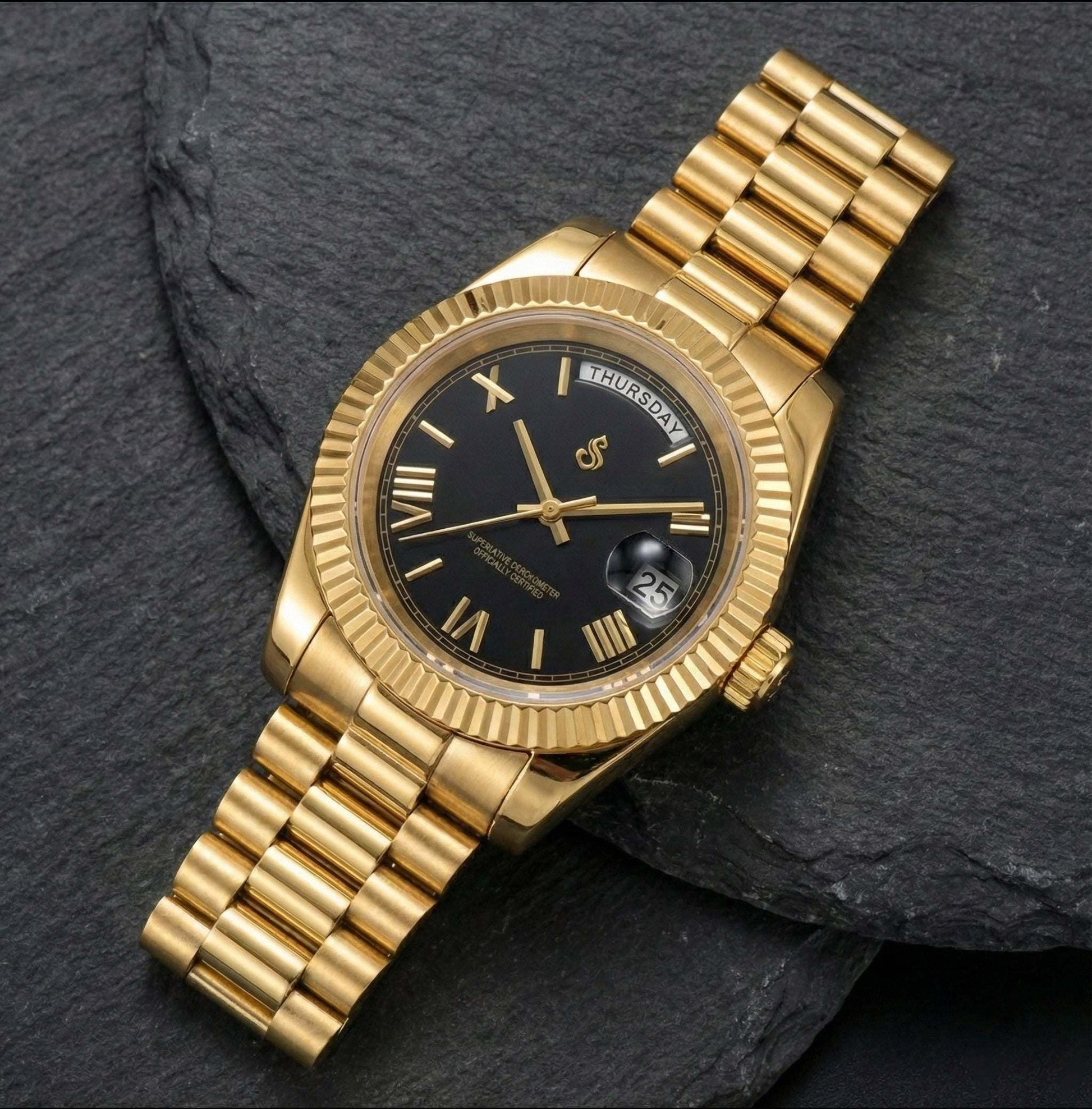 Modded Seiko watch with black gold dial and Roman numeral markers by Modtime Creations