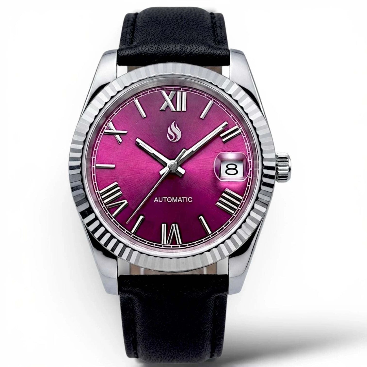 Seiko mod watches datejust "Fuchsia" Purple Dial Fluted Bezel with leather style bracelet at Modtime Creations 