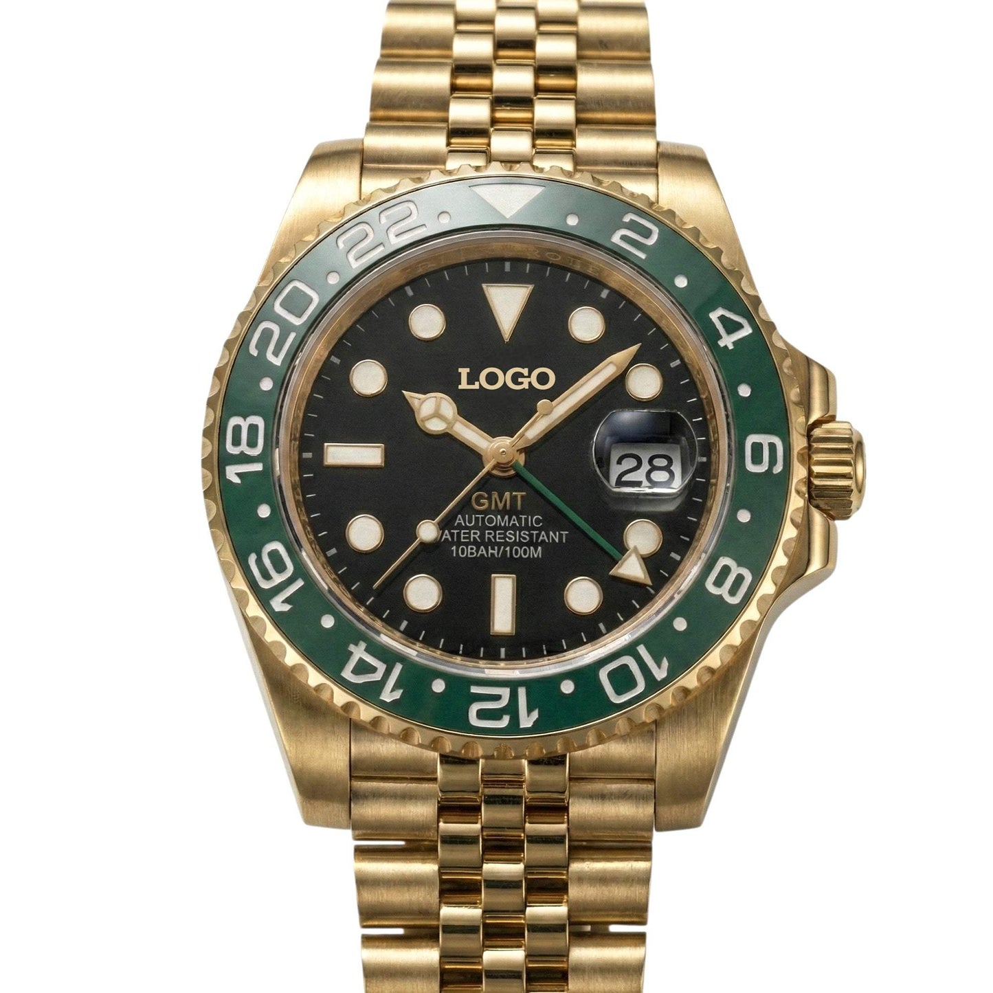 SeikMariner GMT Gold Starbucks Mod watch with stainless steel case and bracelet, black dial, ceramic bezel, NH34 automatic movement by Modtime Creations