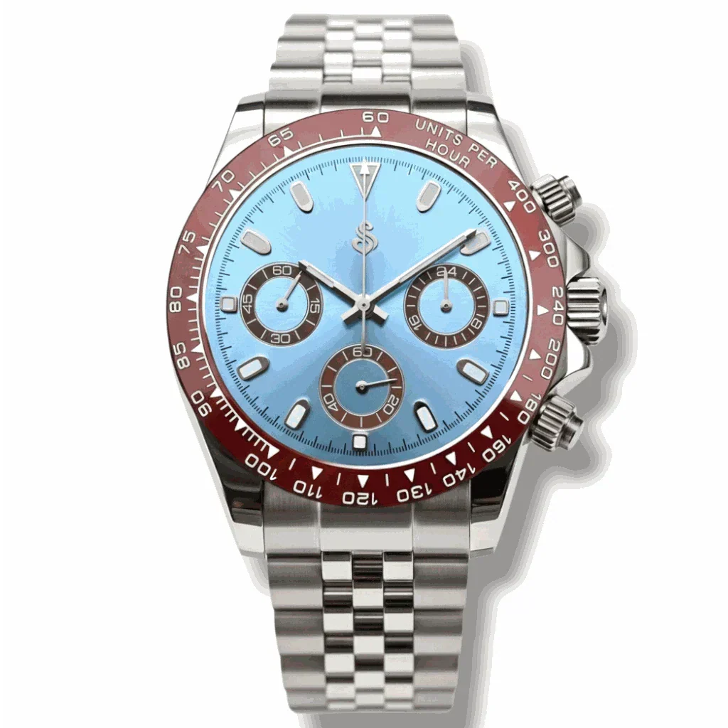 Seiko Mod luxury chronograph watch with light blue dial and brown ceramic bezel
