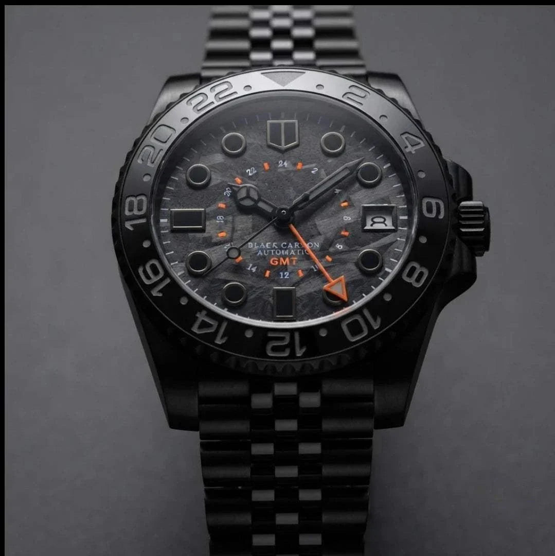 Seiko Mod Submariner GMT Carbon Fiber Stealth Black Orange watch built by Modtime Creations 