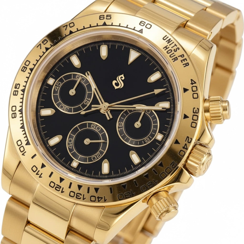 Seitona gold case Seiko Mod luxury chronograph with black gold dial and stainless steel bracelet