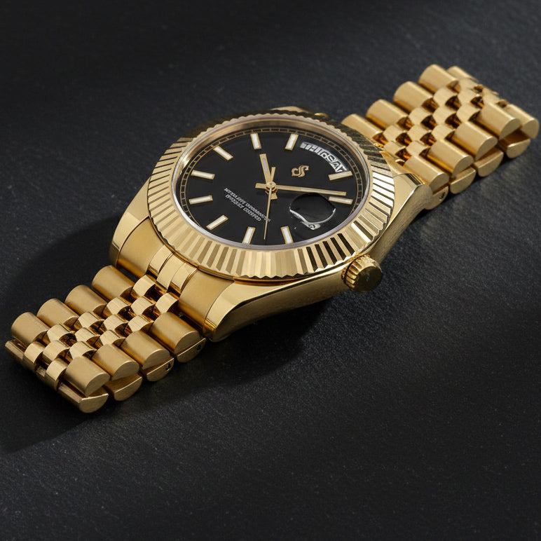 Seiko Mod luxury watch with black and gold day-date dial by Modtime Creations