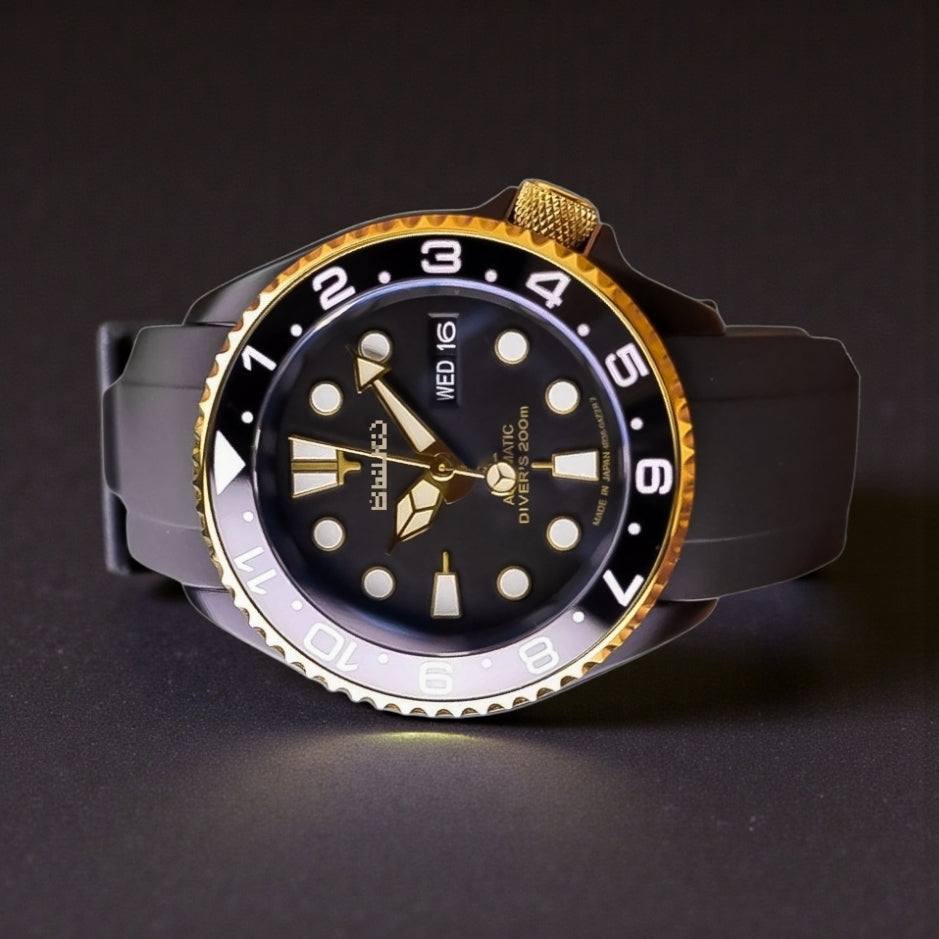 Seiko Mod Yachtmaster Diver Black Gold Stainless Steel Series at Modtime Creations