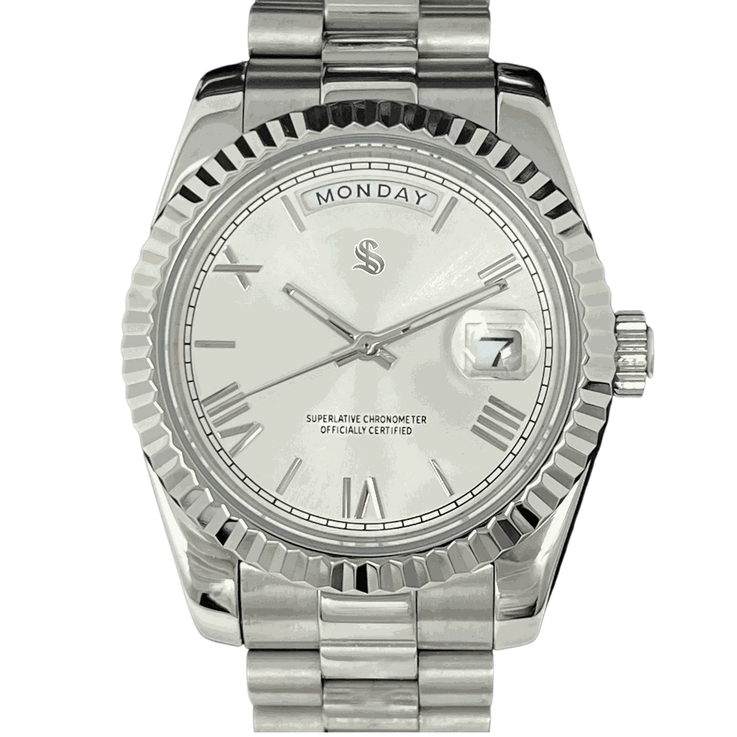 Modtime Creations modded Seiko watch with silver white dial and day-date display