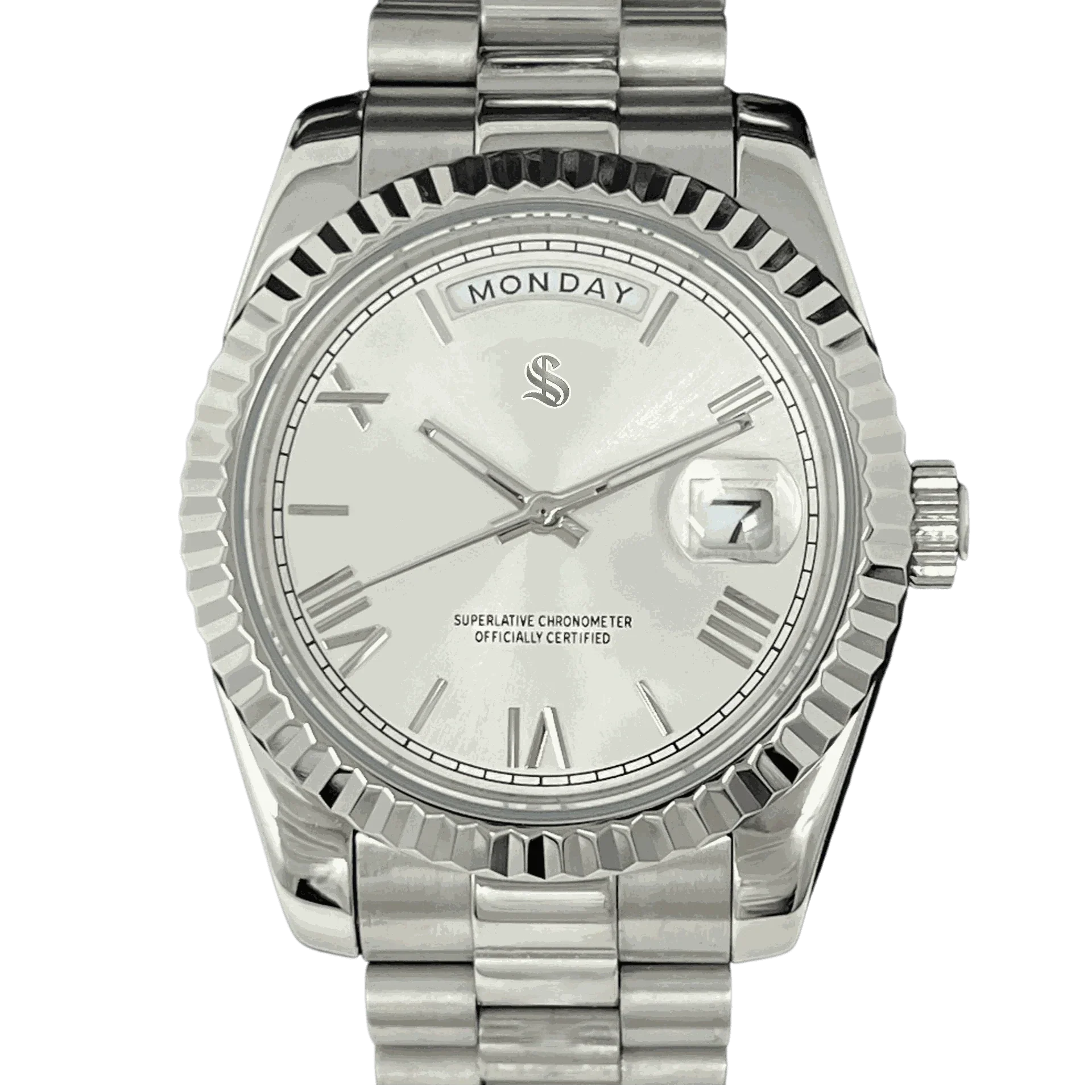 Modtime Creations modded Seiko watch with silver white dial and day-date display