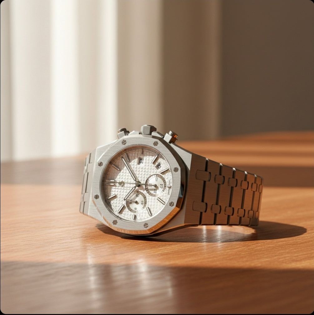 White dial Heritage Oak Modded Seiko chronograph with stainless steel case and bracelet