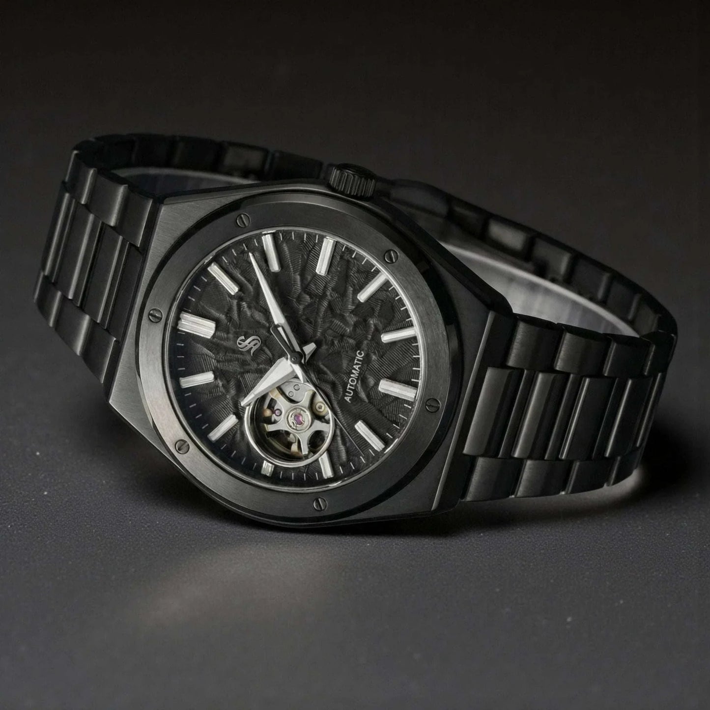 Midnight black Seiko mod watch with open-heart dial and luxury stainless steel case