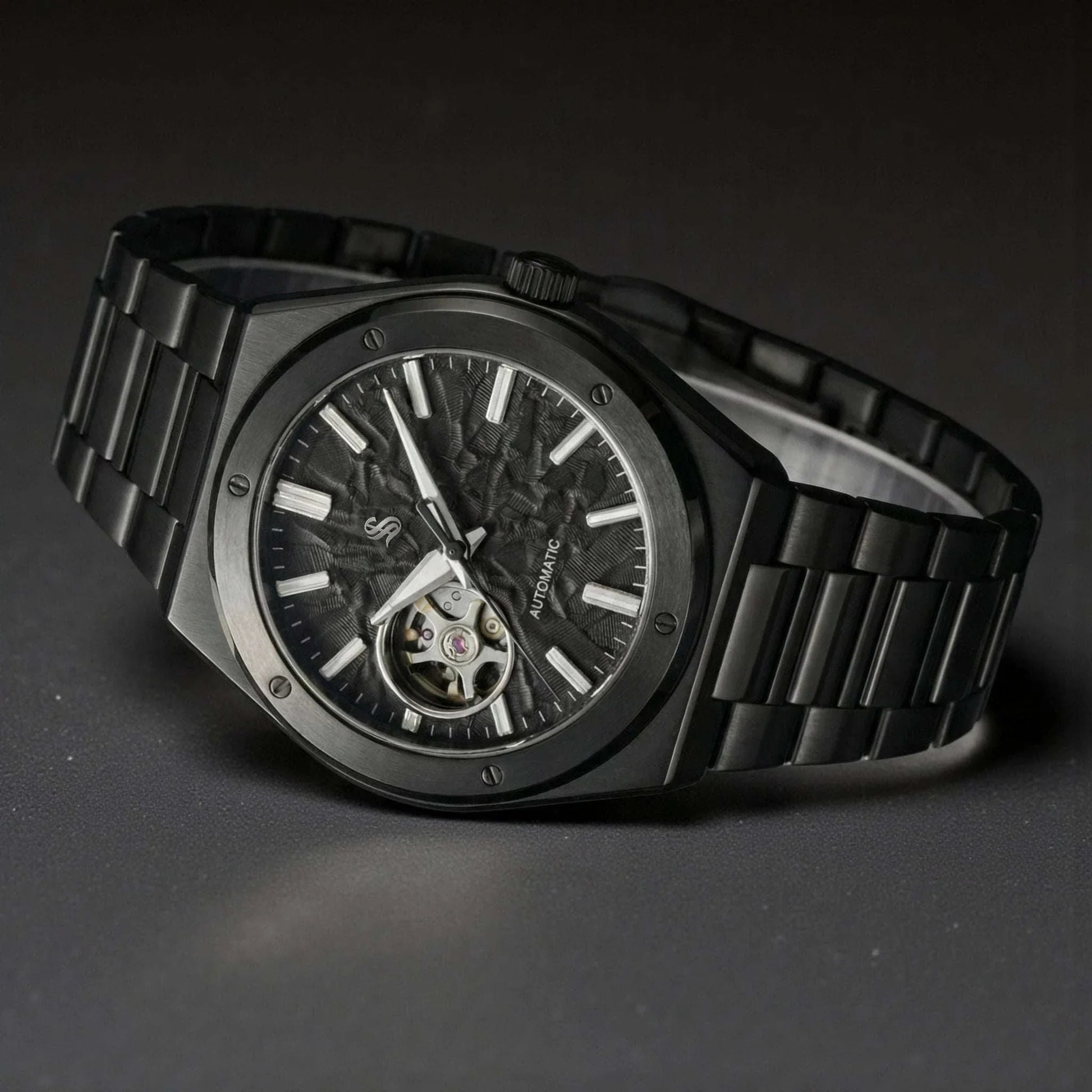Midnight black Seiko mod watch with open-heart dial and luxury stainless steel case