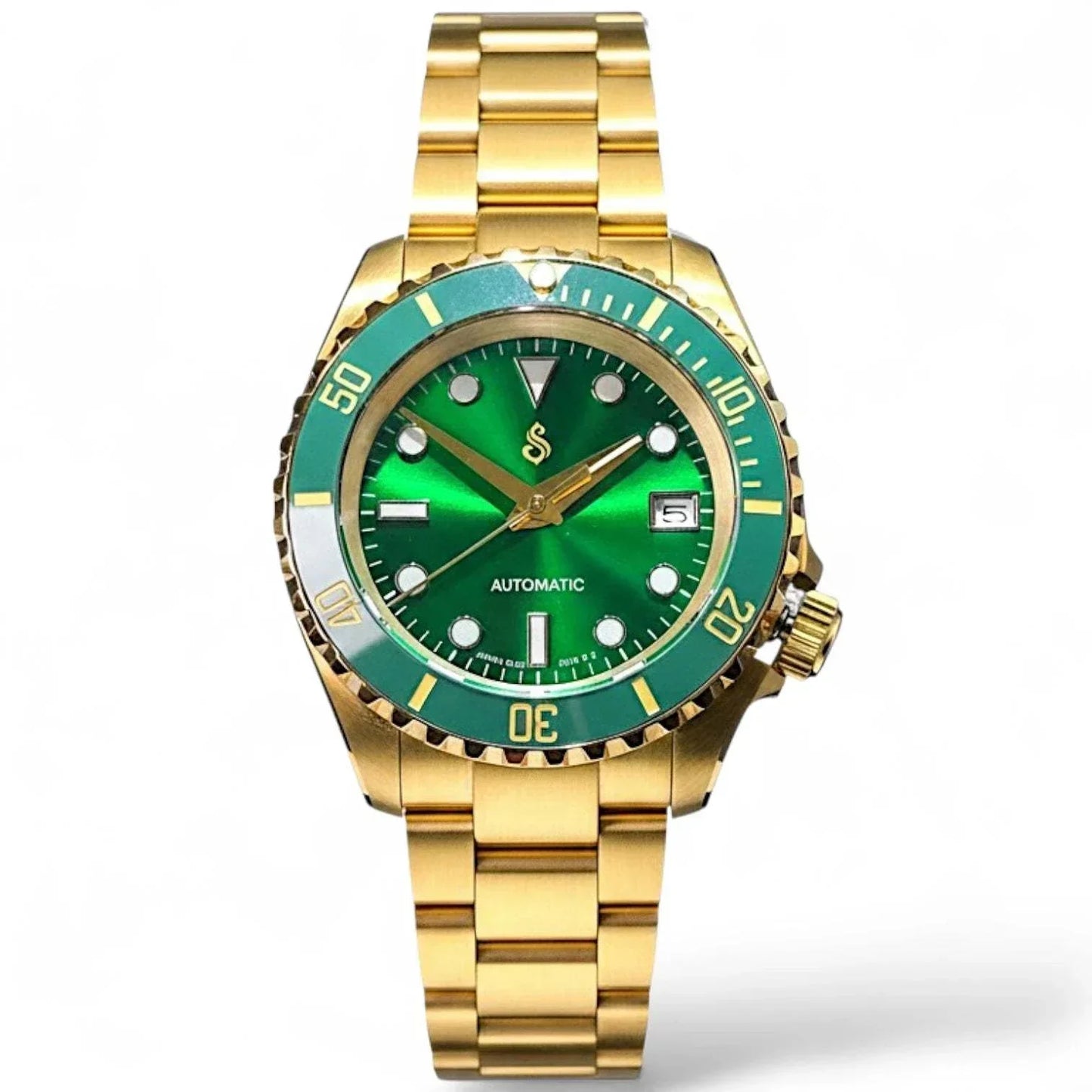 Seiko Mod Submariner Green Gold luxury diver watch with NH35 automatic movement and sapphire crystal
