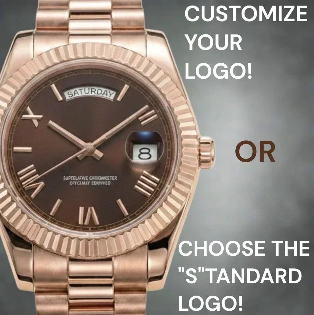 Modded Seiko watch with day and date chocolate Roman numeral dial from Modtime Creations
