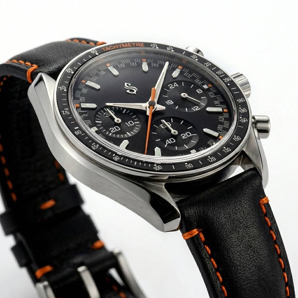SeikSpeed Chronograph Black Orange seiko mod watch with Japanese VK63 hybrid movement and stainless steel case