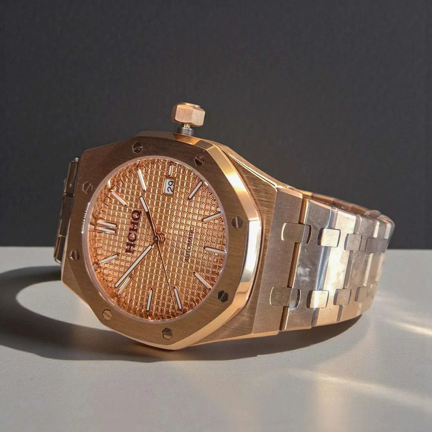 Seiko Mod Royal Oak Rose Gold custom watch with black dial and sapphire crystal