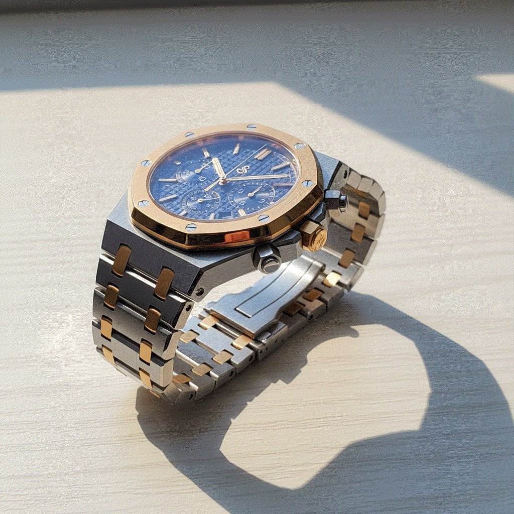 Modded Seiko Heritage Oak two-tone chronograph watch with blue dial and stainless steel bracelet by Modtime Creations