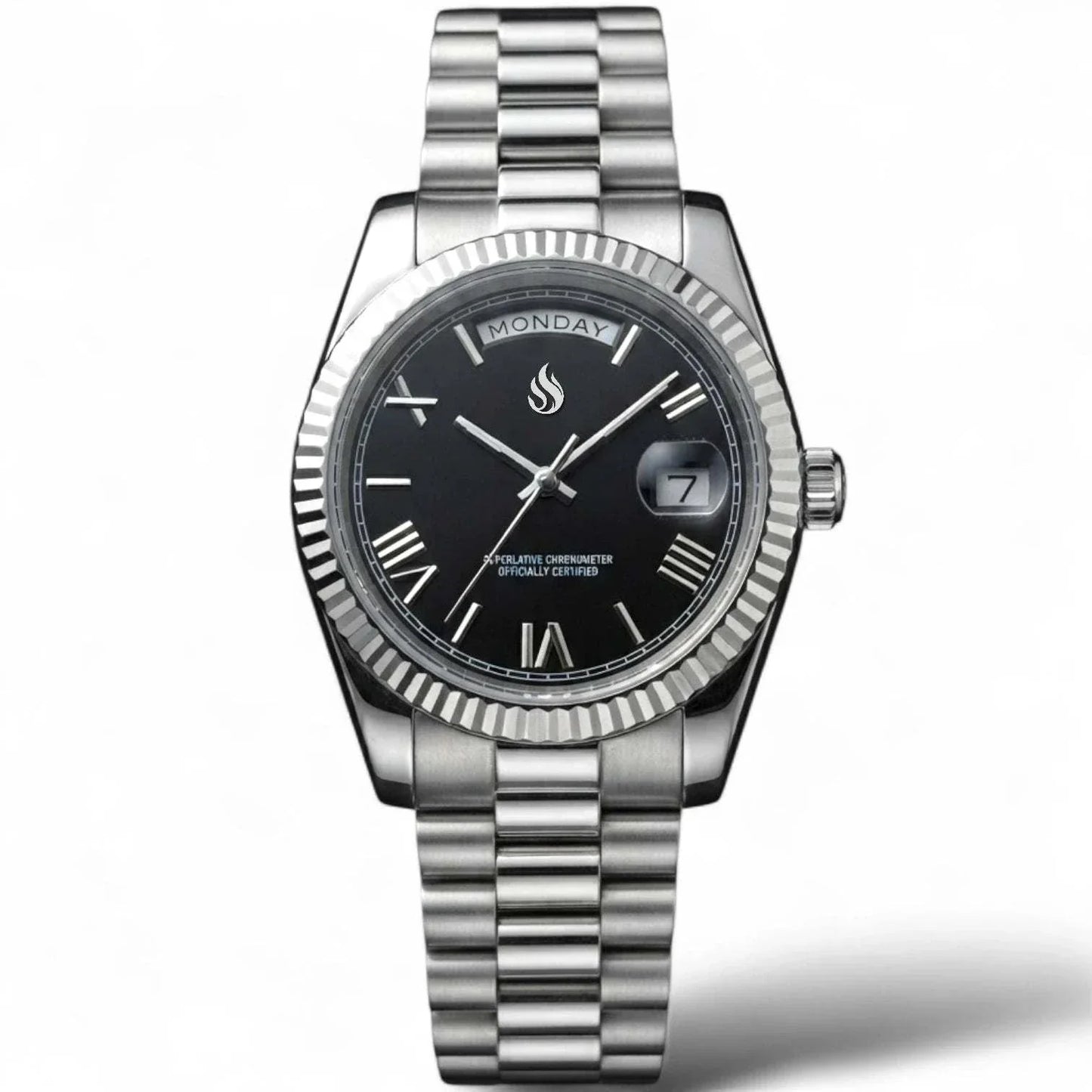 Modded Seiko Watches DayDate Black  Roman Numerals Dial with Silver Fluted Watch case built by Modtime Creations