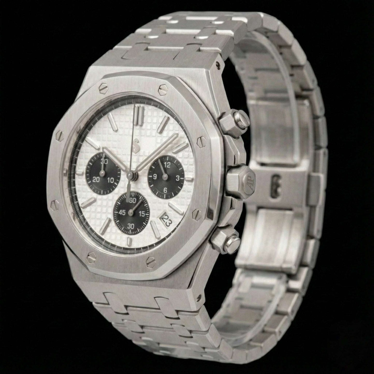 Heritage Oak Modded Seiko chronograph with black and white panda dial, stainless steel case, ceramic bezel, and sapphire crystal glass