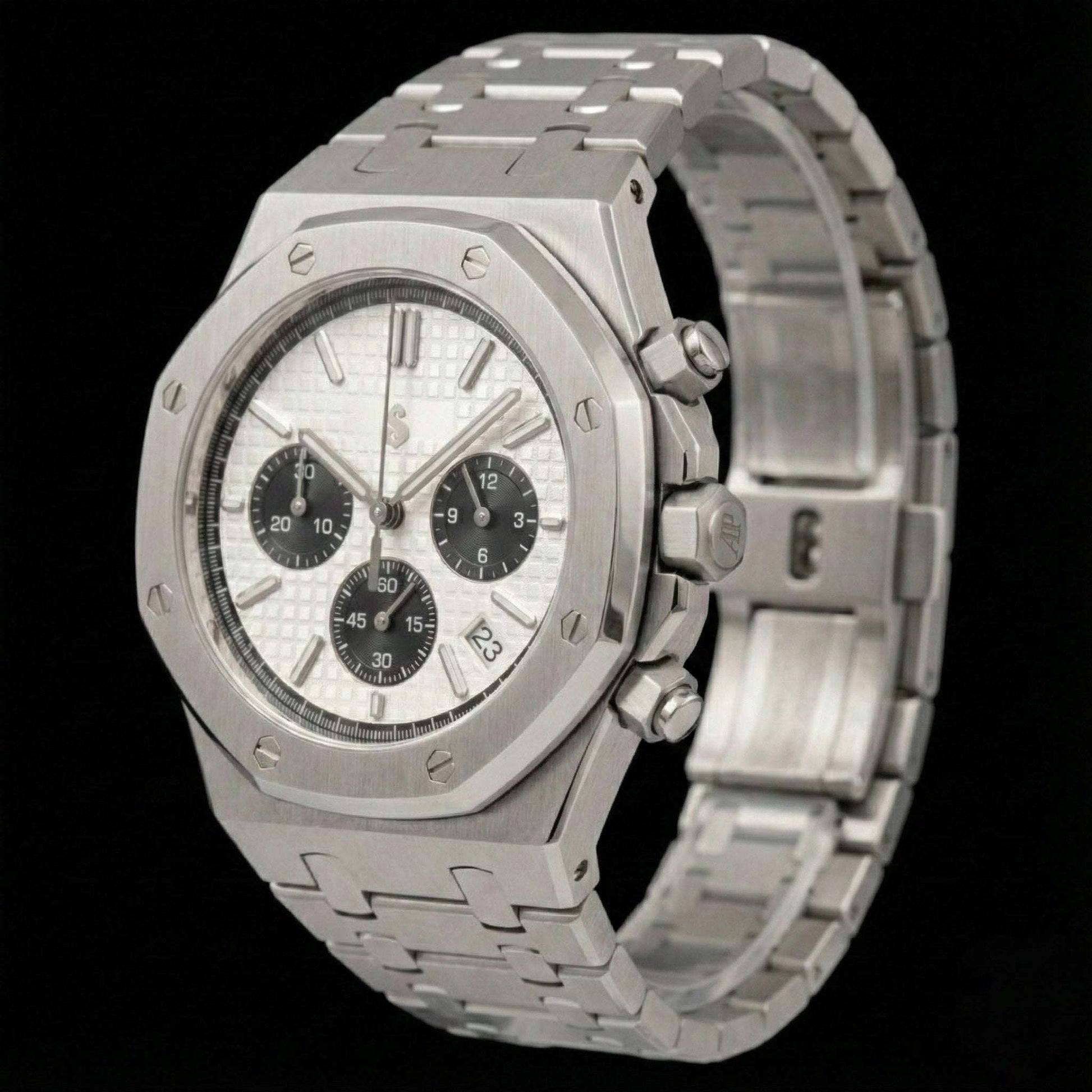 Heritage Oak Modded Seiko chronograph with black and white panda dial, stainless steel case, ceramic bezel, and sapphire crystal glass