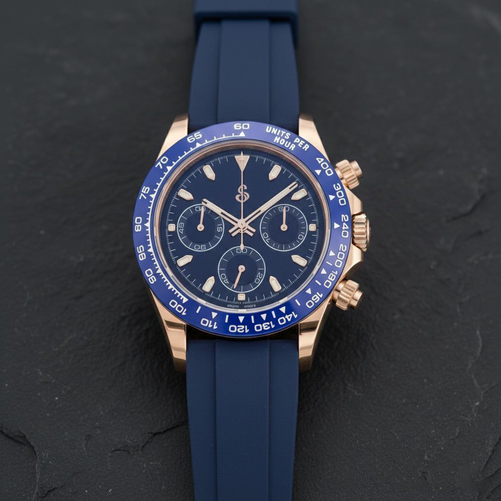 Seiko Mod Seitona rose gold chronograph with dark blue dial and ceramic bezel