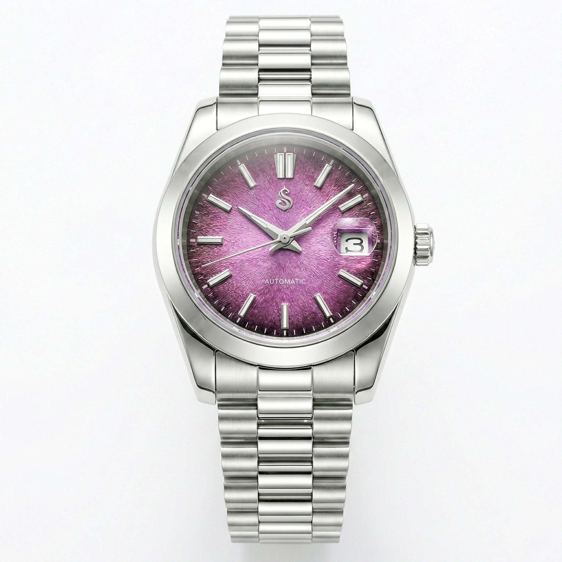 Seiko MOD watch with textured grand purple dial and date window by Modtime Creations