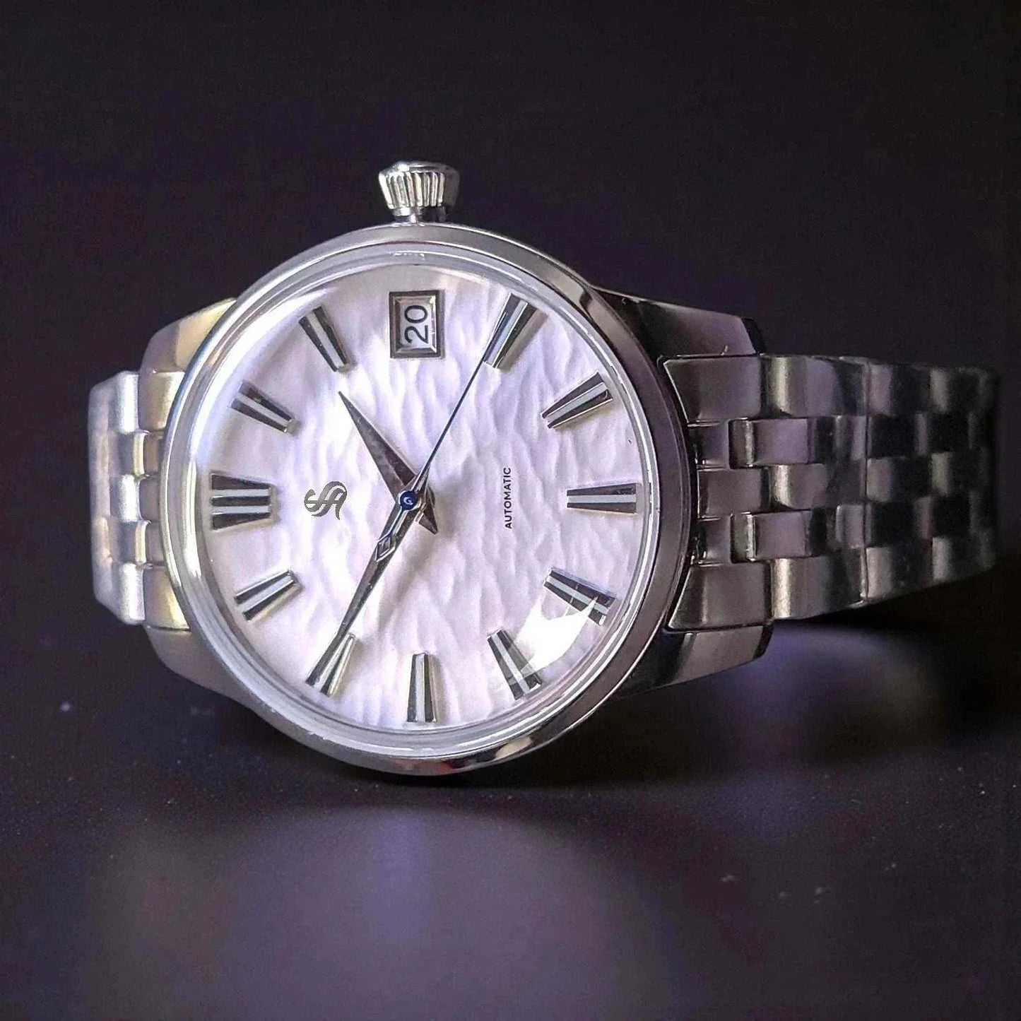 Ladies 33mm Grand Presage Fusion Seiko Mod watch with textured white dial and sapphire crystal