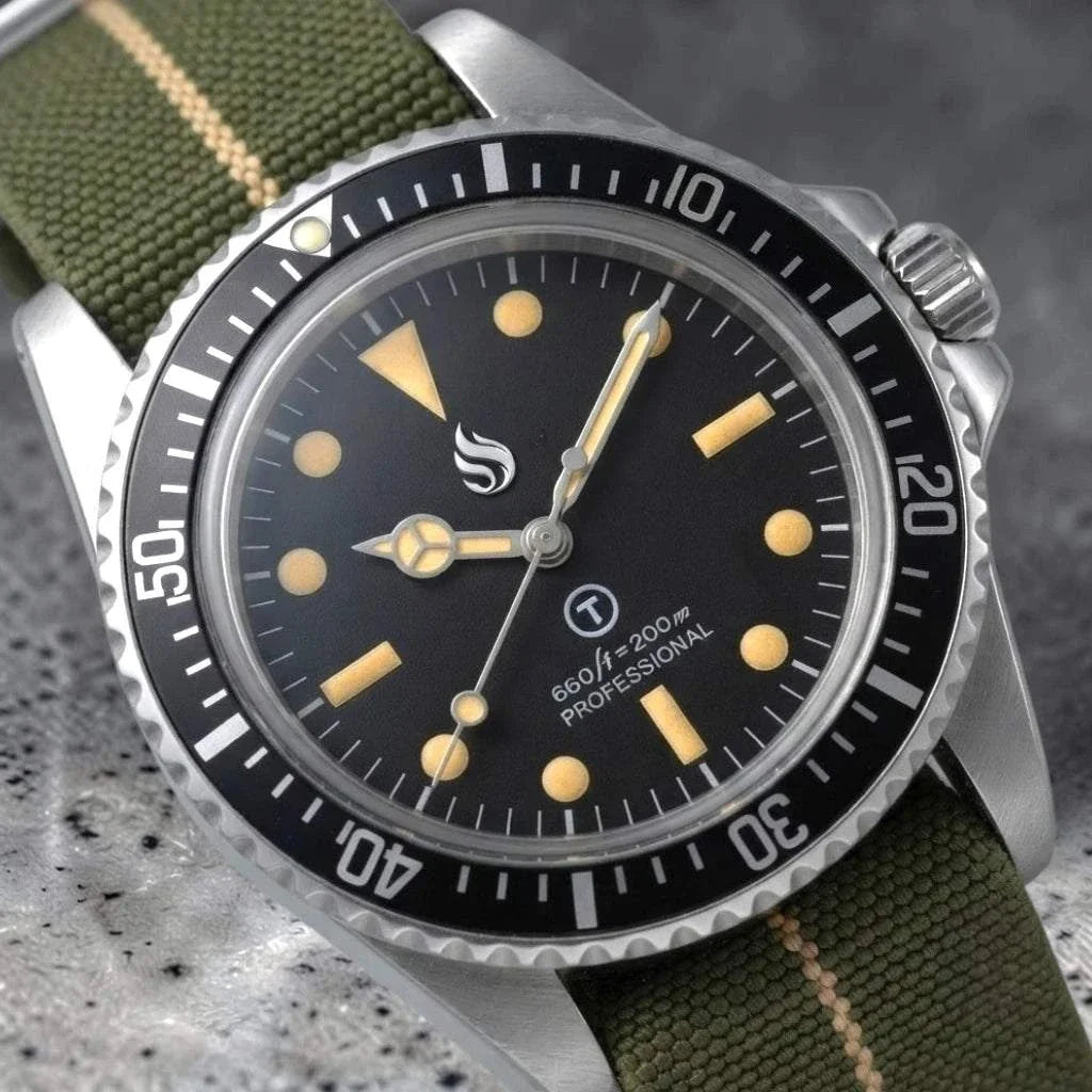 Seiko Mod Submariner Vintage Black Dial Watch with nato strap or stainless steel bracelet by Modtime Creations 