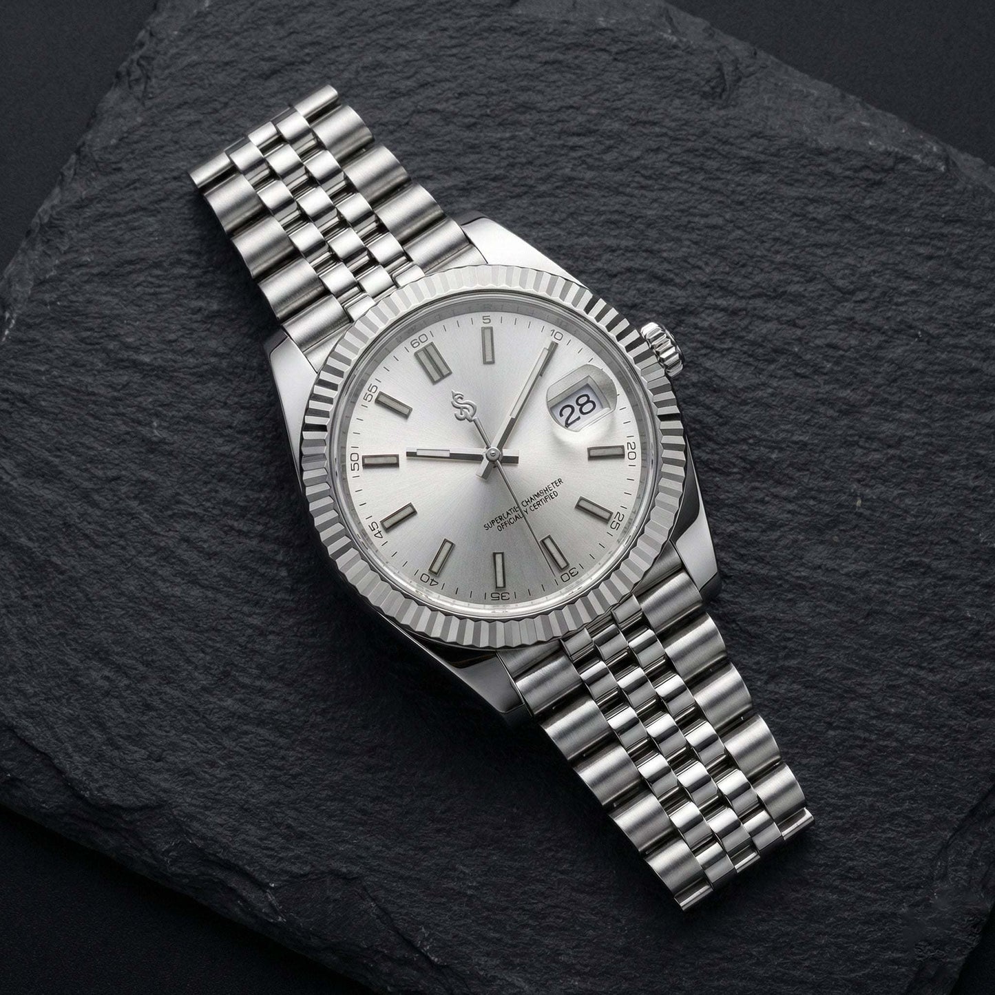 Seiko Mod luxury watch with silver white dial and date window by Modtime Creations