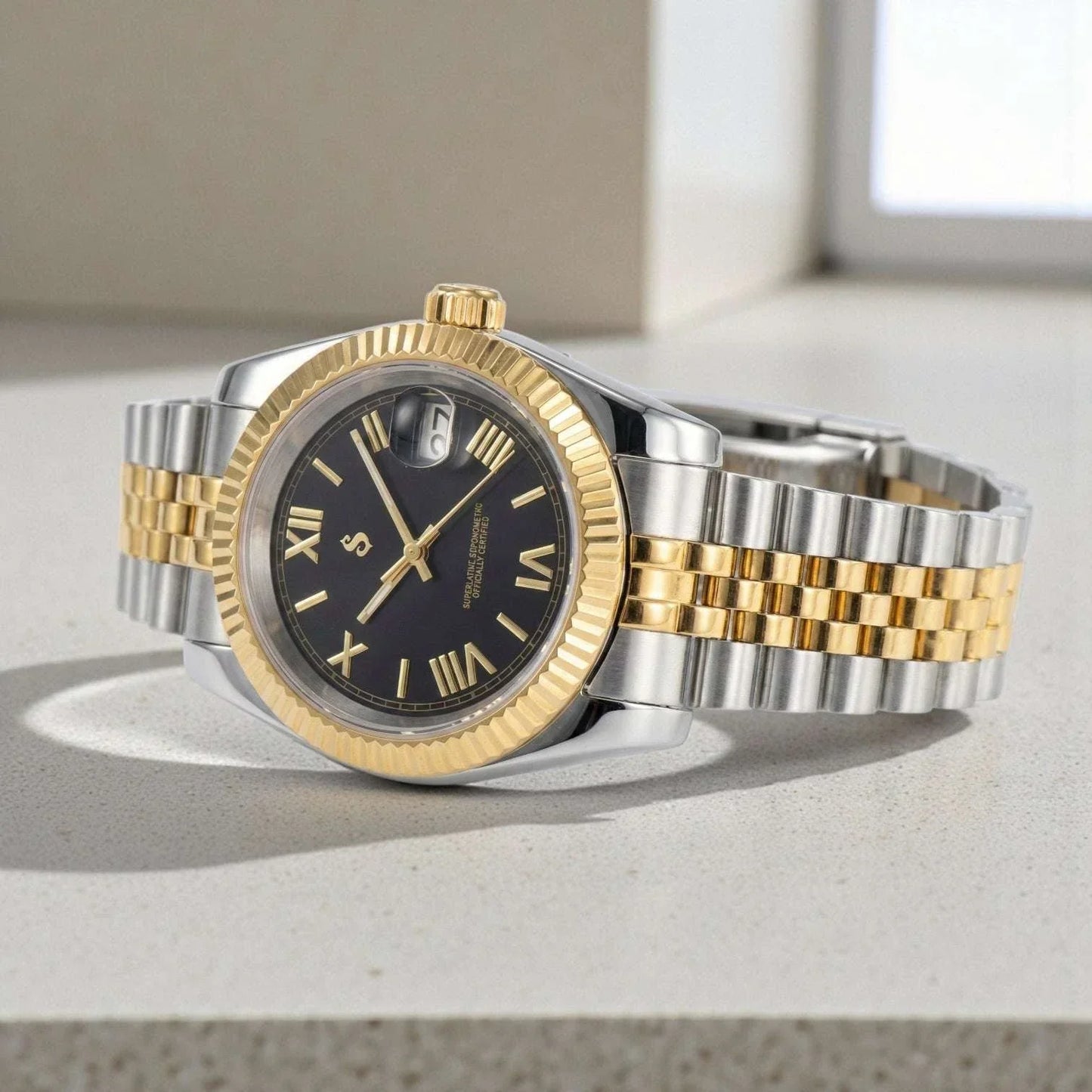 SeikJust two-tone Seiko Mod watch with Roman numerals and date window by Modtime Creations