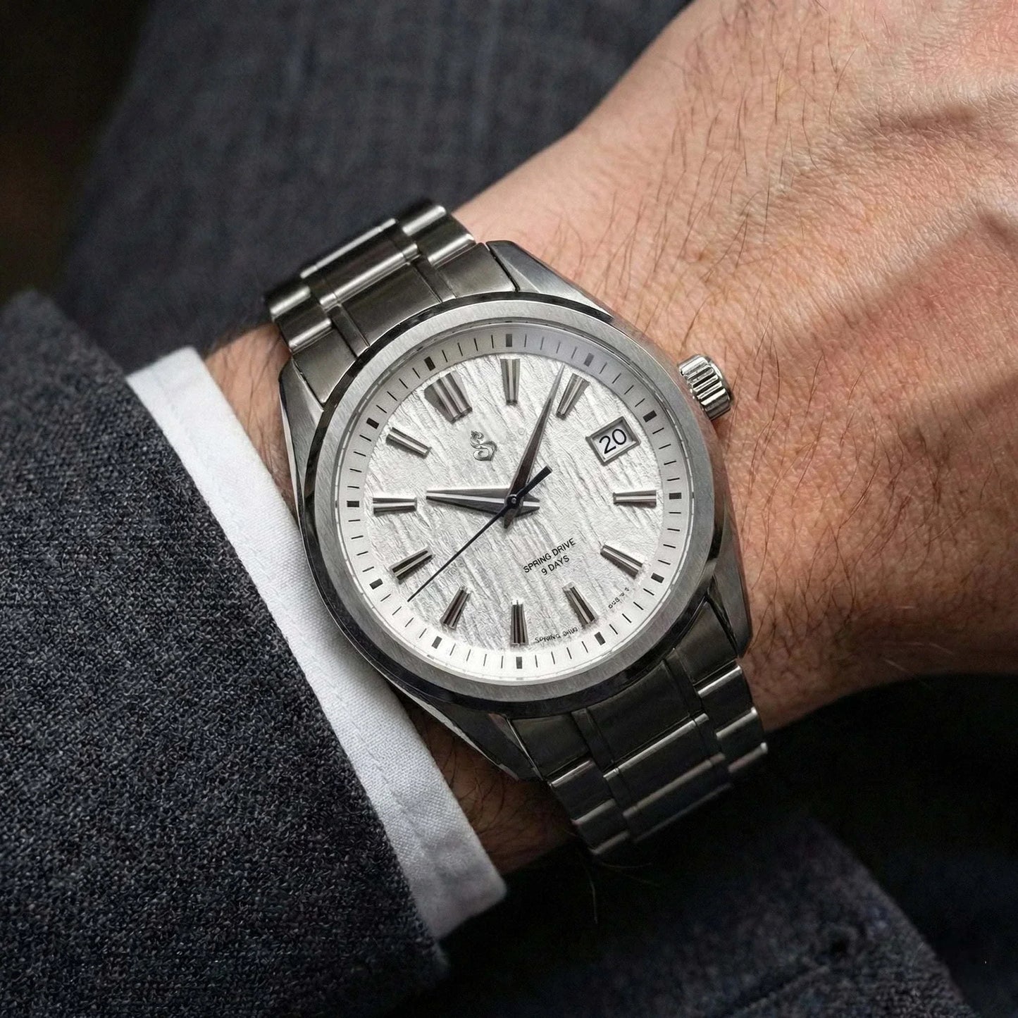 Modded Seiko luxury watch with textured white dial and sapphire crystal