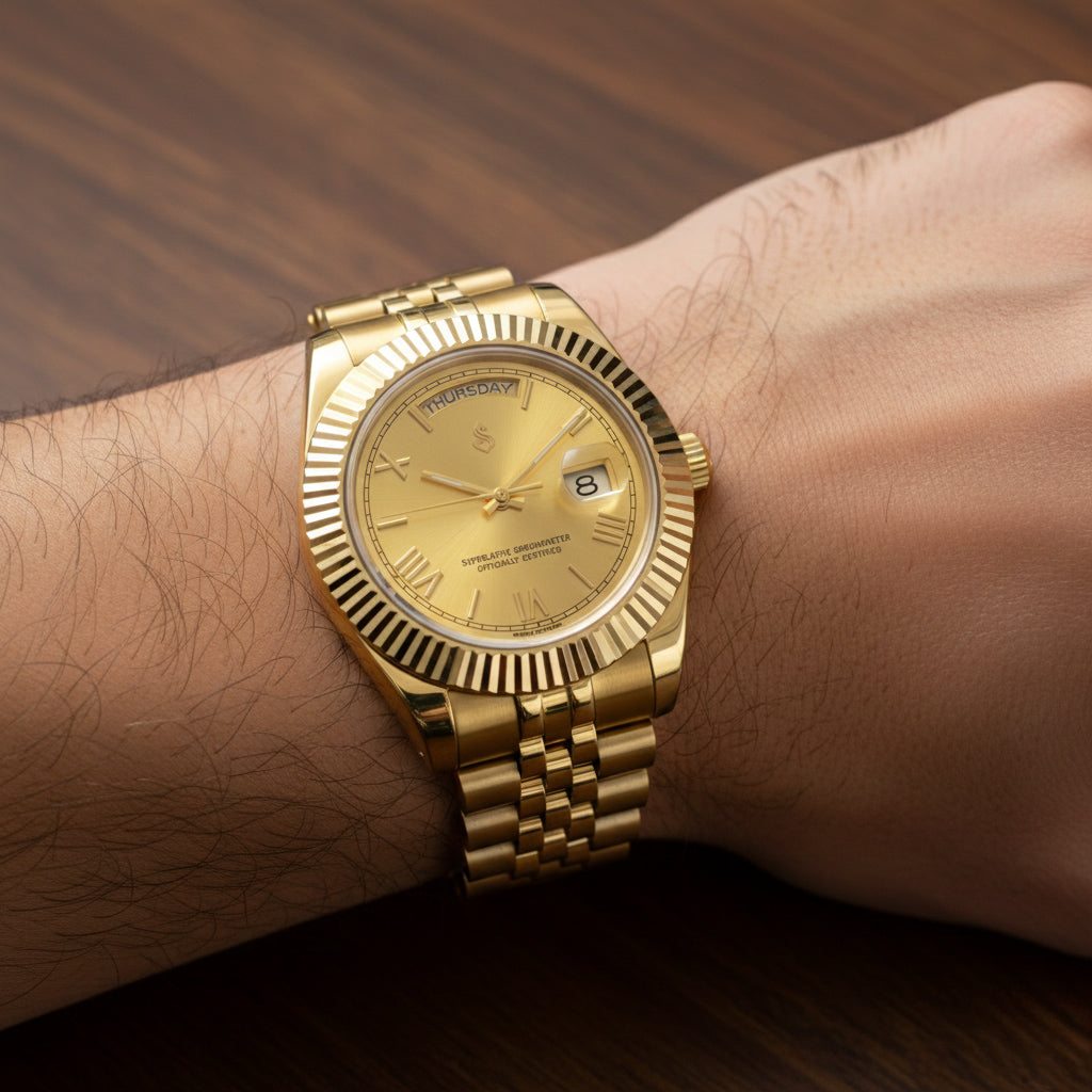 Modded Seiko watch with gold Roman numerals day and date dial by Modtime Creations