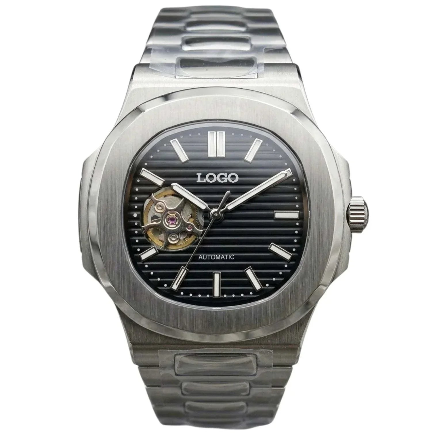 Seiko Mod Nautilus watch with open-heart black dial and stainless steel bracelet by Modtime Creations