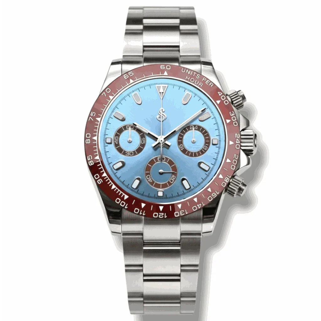 Seitona light blue dial Seiko Mod with brown ceramic bezel and platinum stainless steel bracelet luxury chronograph watch