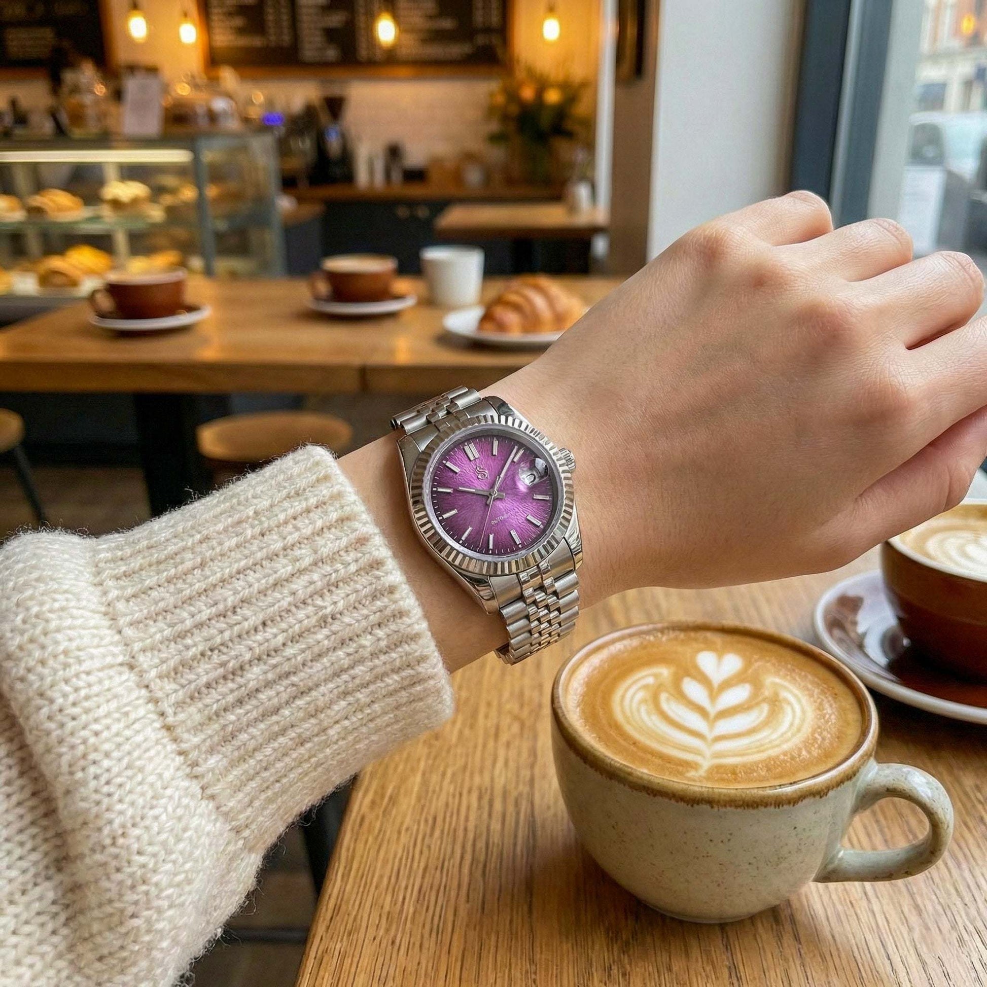 Seiko MOD luxury watch with textured grand purple dial and date window by Modtime Creations