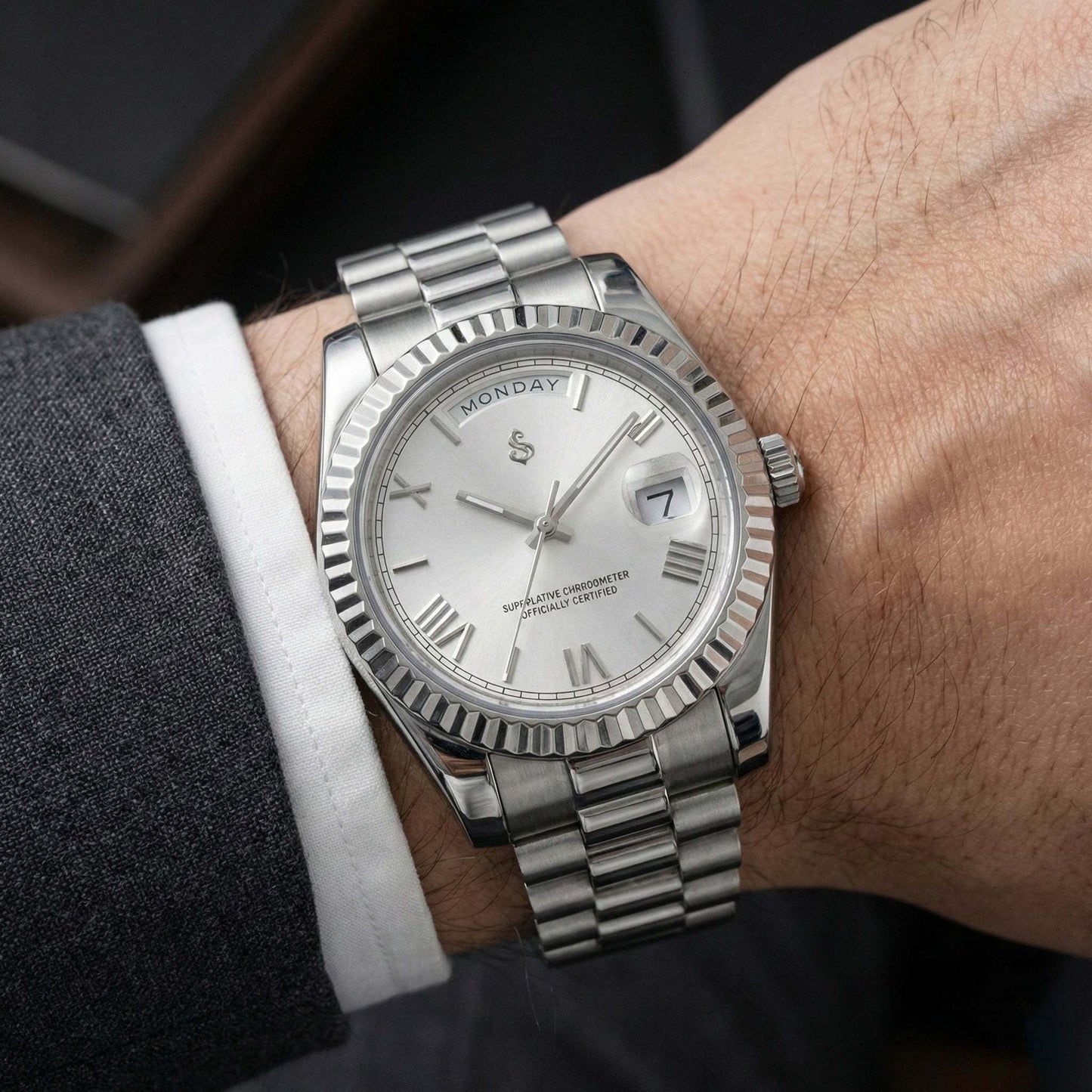 Modtime Creations silver white dial Modded Seiko luxury day and date watch with Miyota 8285 movement