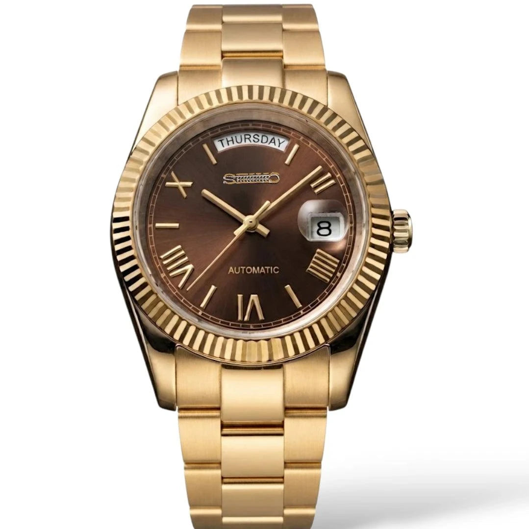 Seiko Mod DayDate watch with gold chocolate Roman numerals dial by Modtime Creations