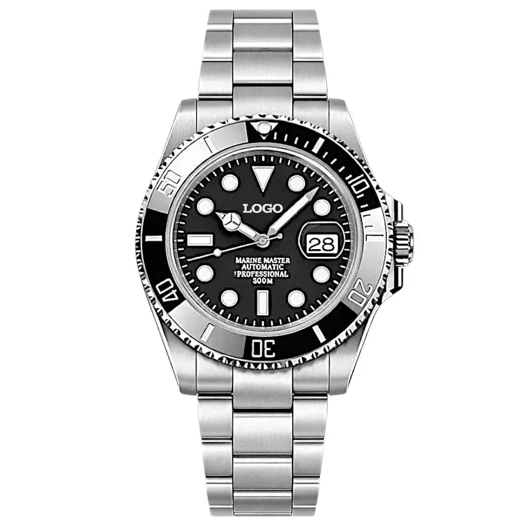 Seikmariner Midnight Black modded Seiko diver watch with sapphire crystal and stainless steel case