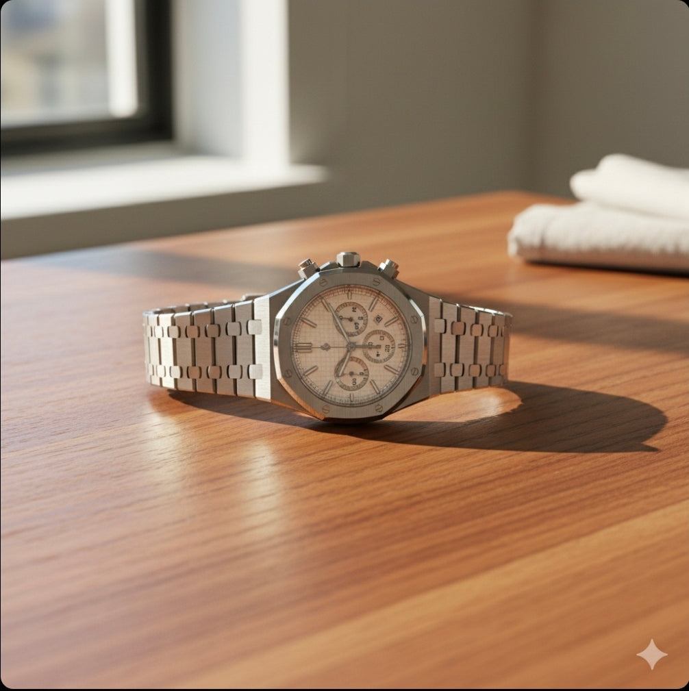 Modded Seiko Heritage Oak chronograph with white dial and stainless steel case